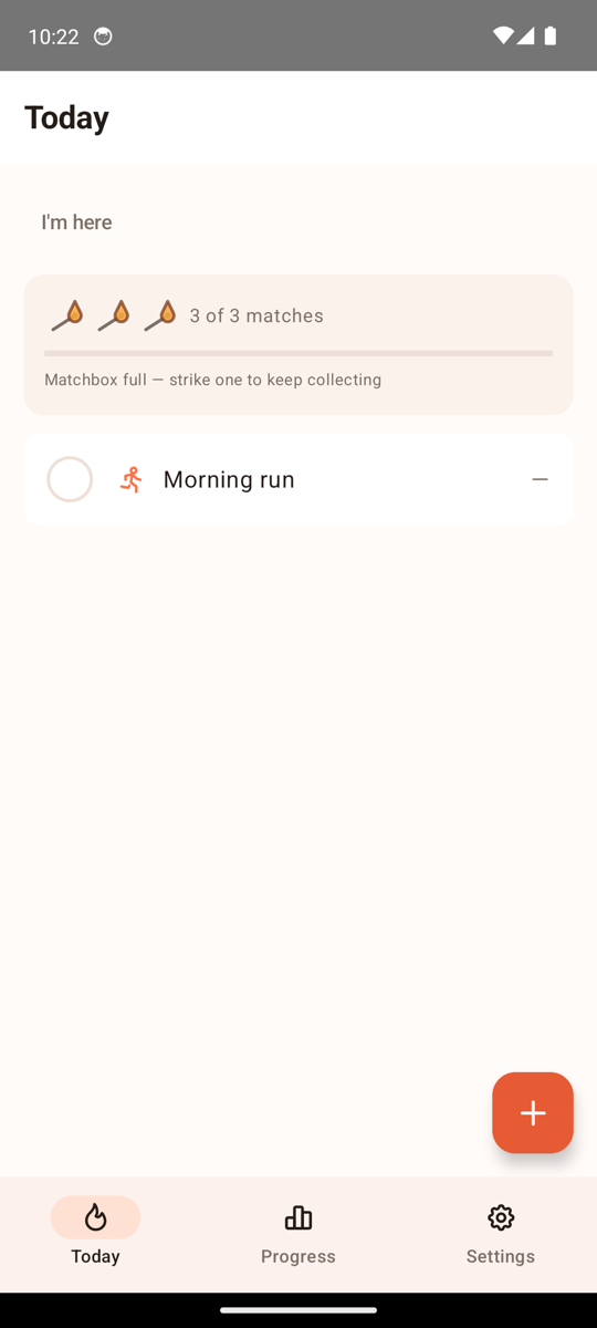 Wick on Android: the Today screen with the matchbox showing three of three matches and one habit, Morning run.