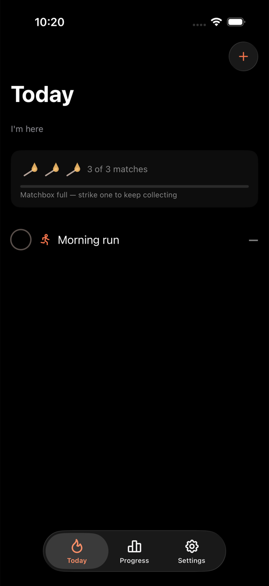 Wick on iOS in dark mode: the Today screen with a full matchbox and one habit.